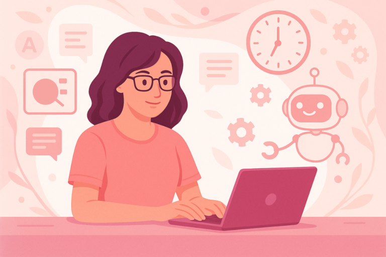 Kobieta korzysta z laptopa, w tle ikony czatów AI i uśmiechnięty robot. Grafika promująca artykuł o najlepszych czatach AI w 2025.